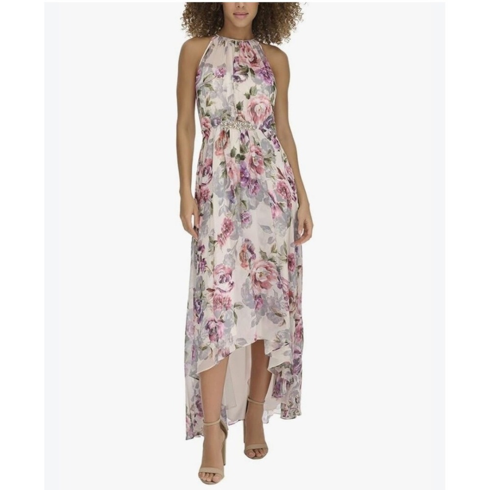 Floral High Low Halter Maxi Dress Rhinestone Waist Pink Purple Cream Sz 4